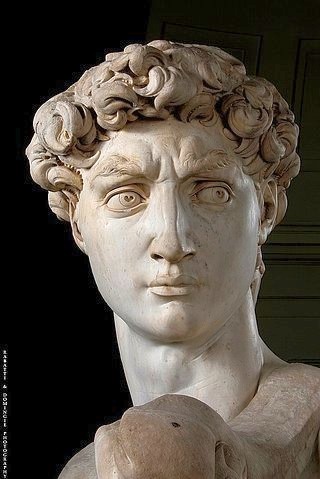 MICHELANGELO BUONARROTI, David. 1504. Detail: Kopf in Frontalansicht. (Zustand nach der Säuberung im Jahr 2005.) (David, Kopf, Schönheitsideal, Marmor, Gesichtsausdruck, Skulptur, Wunschgröße, Klassiker, Renaissance,  Fotografie)