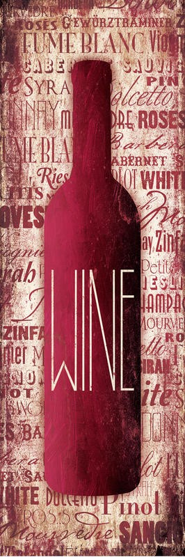 Jace Grey, WINE BOTTLE RED I (Weinflasche, stilisiert, modern, Typografie, Buchstaben, Esszimmer, Küche, Wunschgröße, rot)