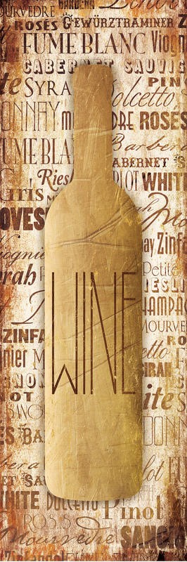 Jace Grey, WINE BOTTLE GOLD I (Weinflasche, stilisiert, modern, Typografie, Buchstaben, Esszimmer, Küche, Wunschgröße, gold)