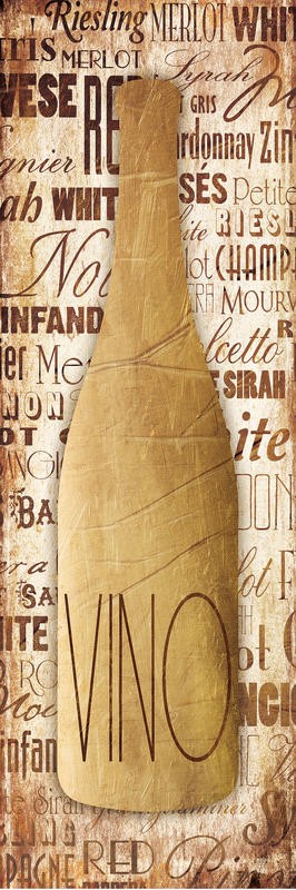 Jace Grey, WINE BOTTLE GOLD II (Weinflasche, stilisiert, modern, Typografie, Buchstaben, Esszimmer, Küche, Wunschgröße, gold)
