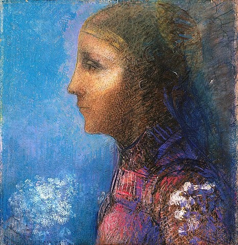 Odilon Redon, Profile: Le Drapeau. (Symbolismus, Figurativ, Frau, Portrait, Profil, Flagge,   Treppenhaus, Wohnzimmer, Wunschgröße, klassische Moderne, Malerei, bunt)
