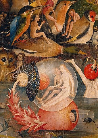 Hieronymus Bosch, Der Garten der Lüste. Detail der Mitteltafel. (Malerei, Klassiker, Renaissance, Garten der Lüste, Phantasie, Symbolik, Fabelwesen, Dämonen, Menschen, Garten, Wollust, Erotik, Detail, Wunschgröße, bunt)