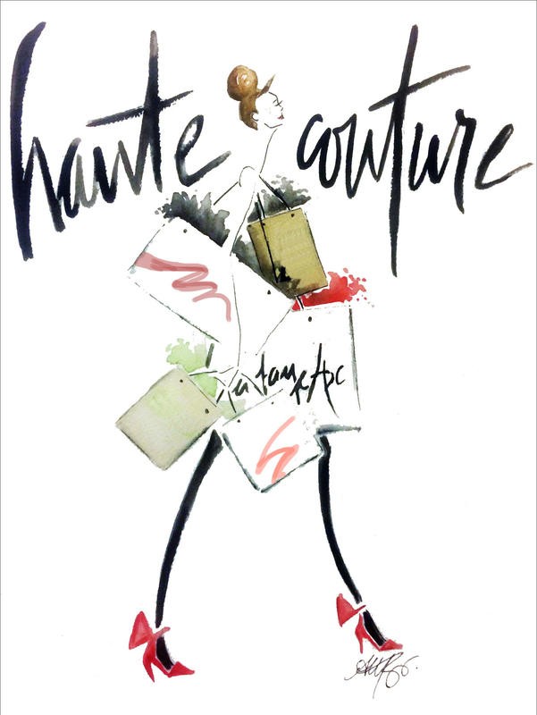 Alicia Zyburt, HAUTE COUTURE (Frau, shopping, Tüten, Einkaufen, Mode, Paris, witzig, Aquarell, modern, skizziert, Wohnzimmer, Jugendzimmer, Mädchenzimmer, Wunschgröße, bunt)