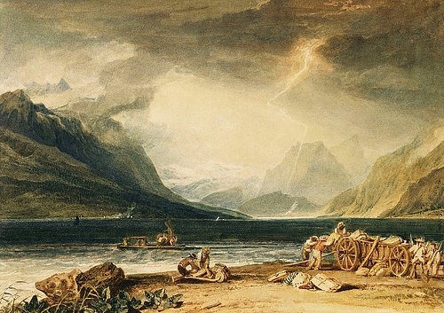 Joseph Mallord William Turner, Thunersee, Schweiz. (Turner,Joseph Mallord William,1775-1851,Christie's Images Ltd,Aquarell,19. Jahrhundert,william,turner,see,landschaft,unwetter,blitz,berge,gebirge,wolken,männer,gepäck)