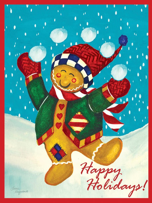 Laurie Korsgaden, HAPPY HOLIDAYS (Weihnachten, Schneebälle, Keksmann, Spiel, Spaß, niedlich, Schnee, Winter, naiv, lustig, Wunschgröße, Malerei, Kinderzimmer, Treppenhaus, bunt)