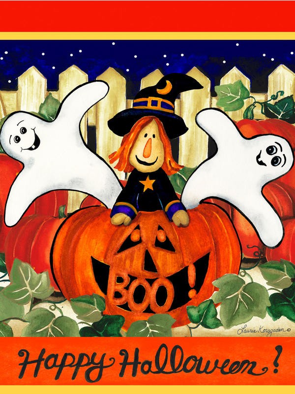 Laurie Korsgaden, HAPPY HALLOWEEN II (Gespenster, Hexe, Kürbisse, Zauberhut, Gruseln, Halloween, Geister, Herbst, naiv, lustig, Wunschgröße, Malerei,  Kinderzimmer, Treppenhaus, bunt)
