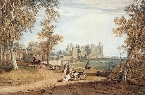 Joseph Mallord William Turner, Cassiobury House mit einer Jagdgesellschaft. (Bleistift,Aquarell,19. Jahrhundert,Christie's Images Ltd,1775-1851,Turner,Joseph Mallord William,Joseph Mallord William Turner,Tudor House,Haus,Wohnsitz,Landsitz,Park,Großgrundbesitz,Großbritannien,England,Cassiobury,Jäger,upper class,Jagdhunde,Hunde,Watf)