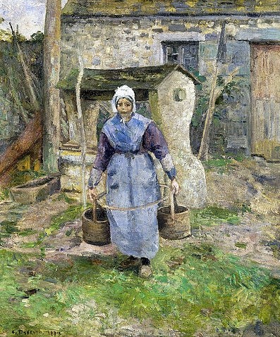 Camille Pissarro, Mutter Presle, Montfoucault. 1874 (19. Jahrhundert,Öl auf Leinwand,Christie's Images Ltd,1830-1903,Pissarro,Camille,Camille Pissarro,Eimr,Melkeimer,Frau,Bäuerin,Alltag,alltäglich,Landfrau,Haube,tragen,Brunnen,Landleben,Kübel,Wasser holen,arbeiten, französischer impressionismus)