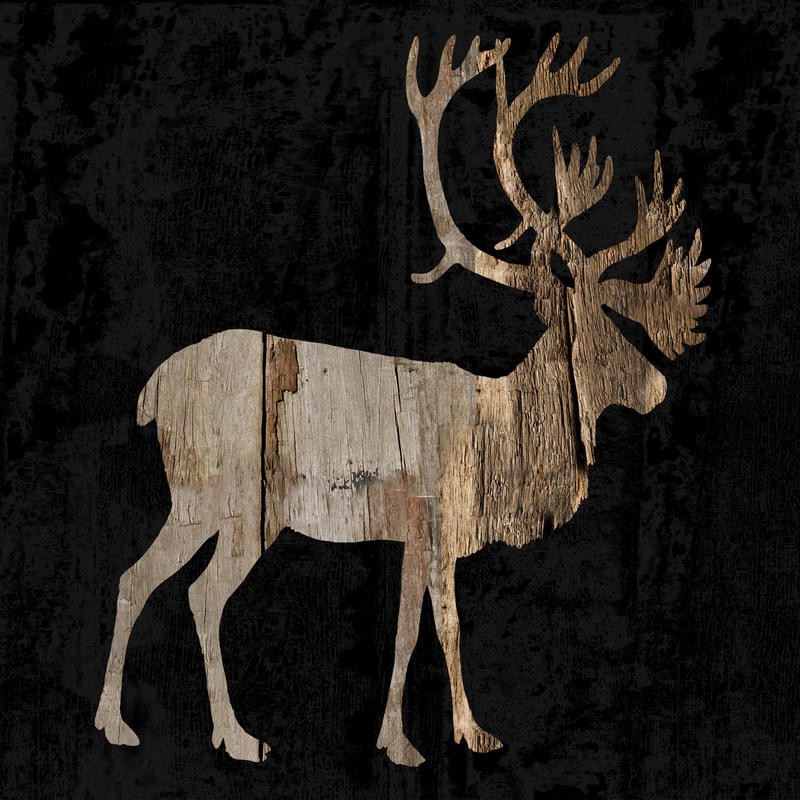 Sheldon Lewis, HUNTING TIME BLACK I (Hirsch, Tier, Geweih, Holzoptik, Grafik, Wunschgröße, Wunschgröße, Treppenhaus, Wohnzimmer, schwarz/beige)