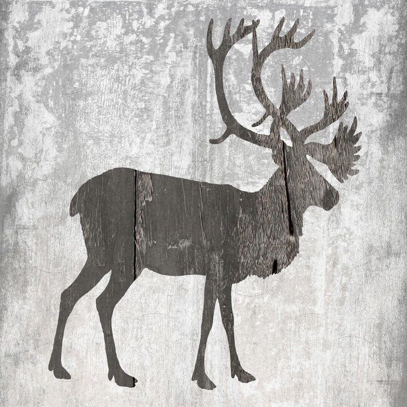 Sheldon Lewis, HUNTING TIME I (Hirsch, Tier, Geweih, Holzoptik, Grafik, Wunschgröße, Wunschgröße, Treppenhaus, Wohnzimmer, grau)