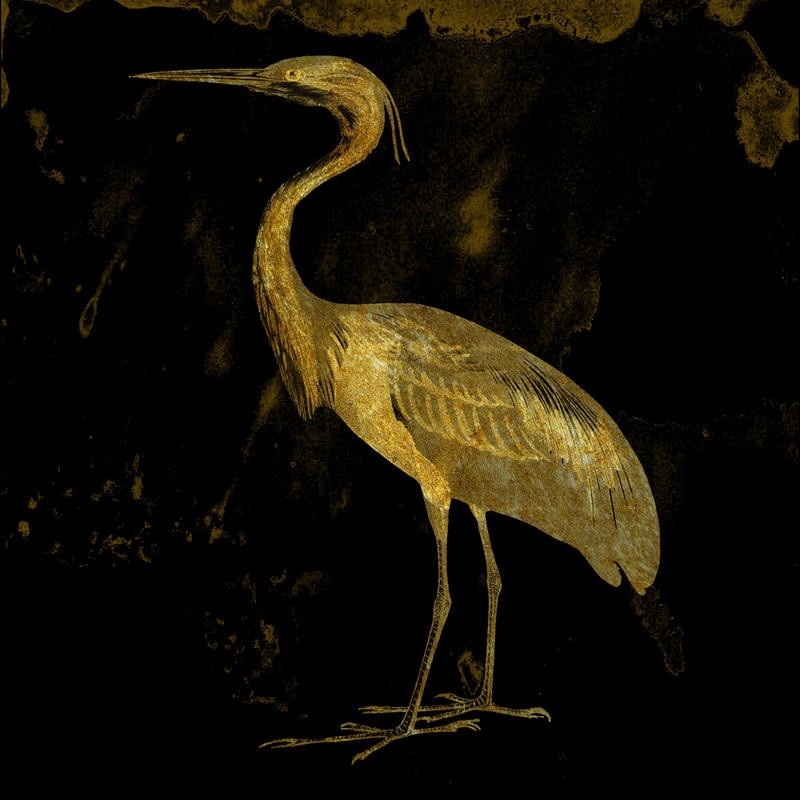 Sheldon Lewis, GOLDEN ELEGANCE I (Vogel, Reiher, Profil, modern, Grafik, Wunschgröße, Wunschgröße, Treppenhaus, Wohnzimmer, schwarz/gold)
