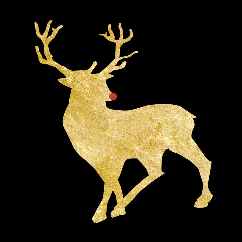 Sheldon Lewis, GOLDEN DEER (Rentier, Tier, Geweih, rote Nase, Rudolf, Weihnachten, Grafik, Wunschgröße, Wunschgröße, Treppenhaus, Wohnzimmer, gold/schwarz)