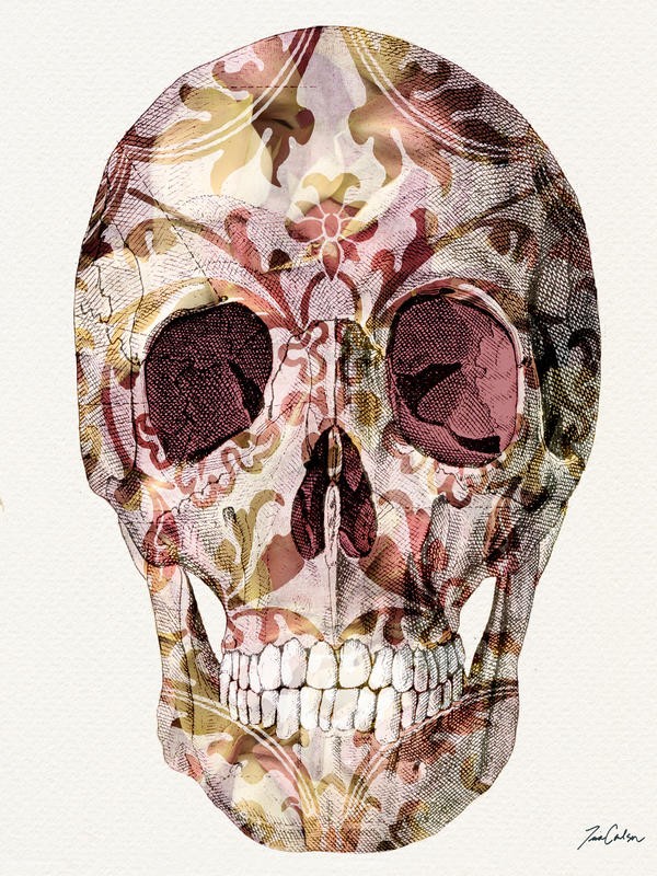 Tina Carlson, SKULL WITH PATTERN I (Skull, Totenkopf, florale Muster, Jung und Wild, Grafik, Wunschgröße, Wohnzimmer, Treppenhaus, Jugendzimmer, bunt)