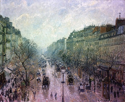 Camille Pissarro, Der Boulevard Montmartre im Morgennebel (Le Boulevard Montmartre Matin Brumeux). 1897 (Paris, Stadt, Hauptstadt, Straße, Prachtstraße, belebt, Menschen, Alltagsszene, Frankreich, Impressionismus, Klassische Moderne, Wohnzimmer, Wunschgröße)