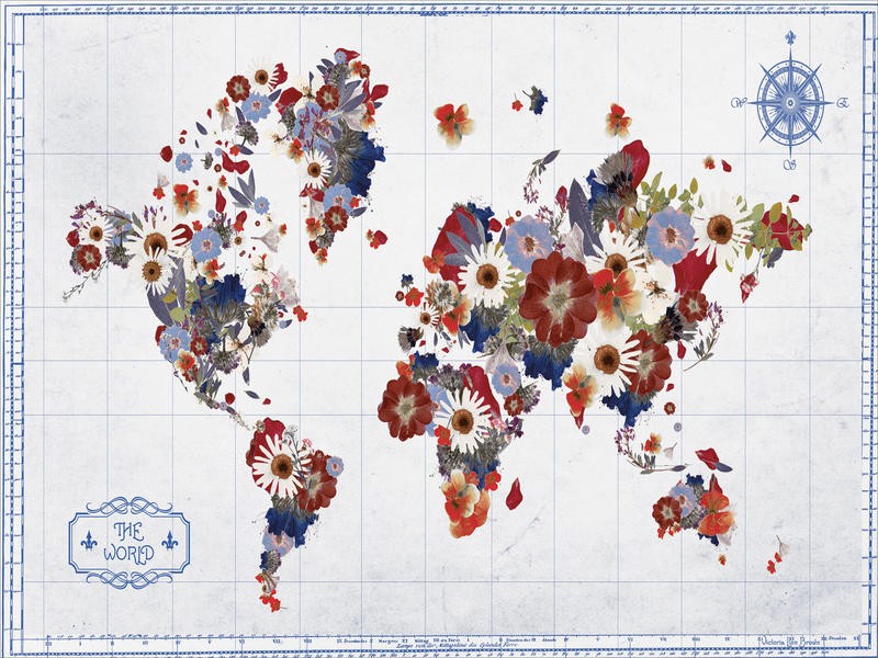 Victoria Brown, BLOOMING WORLD (Landkarte, Weltkarte, Länder, Kontinente, Blumen, Blüten,  Grafik, Jugendzimmer, Treppenhaus,  Wunschgröße, bunt)