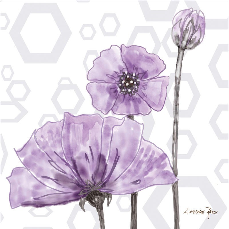Rossi Lorraine, PURPLE POPPY I (Mohnblumen, Blumen, Blüten, transparent, zart, Ornamente, Retro, Muster, Grafik, Wunschgröße, Wohnzimmer, Treppenhaus, Schlafzimmer, flieder)