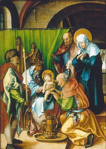 Albrecht Dürer, Altar: Die sieben Schmerzen der Mariae. Tafel oben links. 1495/96 (Beschneidung, Tempel, Juden, Joseph, Maria, Schmerzen, Altarbild, Detail, Jesus, religiös, Neues Testament, Klassiker, Malerei, Wohnzimmer, Renaissance, Wunschgröße, bunt)