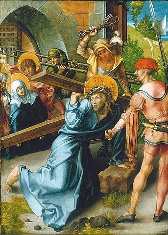 Albrecht Dürer, Altar: Die sieben Schmerzen der Mariae. Tafel oben links. Detail: Untere, mittlere Tafel 1495/96 (Kreuztragung, Folter, Schergen, Maria, Schmerzen, Altarbild, Detail, Jesus, religiös, Neues Testament, Klassiker, Malerei, Wohnzimmer, Renaissance, Wunschgröße, bunt)