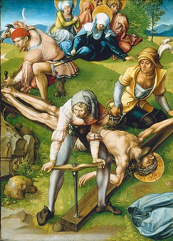 Albrecht Dürer, Altar: Die sieben Schmerzen der Mariae. Tafel oben links. Detail: Tafel unten rechts. 1495/96 (Kreuzigung, Nagel, Bohrer, Schergen, Maria, Schmerzen, Altarbild, Detail, Jesus, religiös, Neues Testament, Klassiker, Malerei, Wohnzimmer, Renaissance, Wunschgröße, bunt)