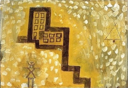 Paul Klee, Das Haus in der Höhe. 1923 (Malerei, Abstrakte  Malerei, abstrahiert, Haus, Treppe, Mensch, Linien, Tupfen, Klassische Moderne,  Wohnzimmer, Treppenhaus, Büro, gelb/braun)