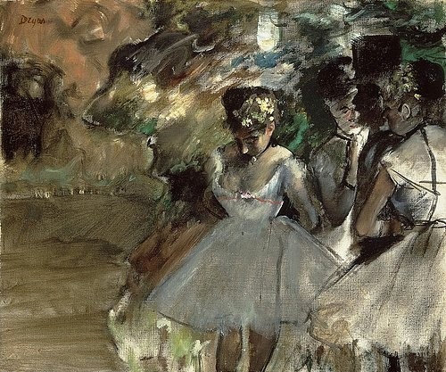 Edgar Degas, Drei Tänzerinnen in den Kulissen (Trois Danseuses dans les Coulisses). Circa 1880-85 (Öl auf Leinwand,19. Jahrhundert,Degas,Edgar,1834-1917,Christie's Images Ltd,edgar,degas,tänzerinnen,ballerina,tänzerin,mädchen,frauen,kleid,tutu,impressionismus, französischer impressionismus,französisch,impressionistisch)