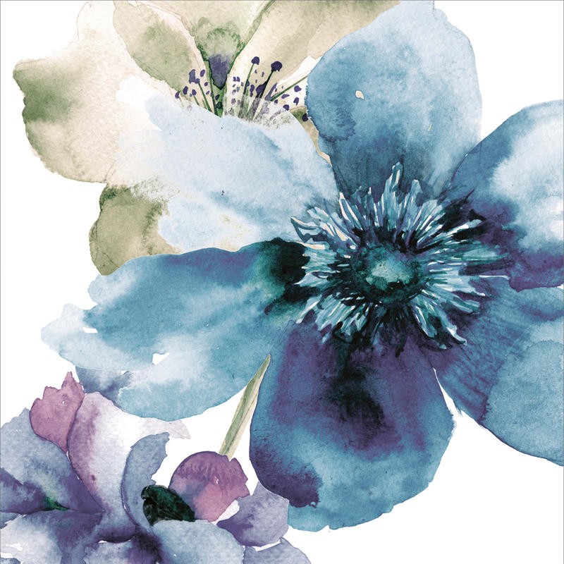 Victoria Brown, FLOWERY I (Blumen, Blüten, Blütenblätter, Botanik, Treppenhaus, Schlafzimmer, Wohnzimmer, Wunschgröße, Malerei, Aquarell, bunt)
