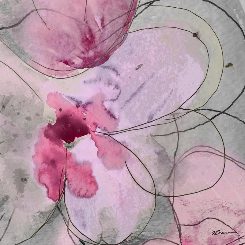 Victoria Brown, FLOWER BOMB II (Blumen, Blüten, modern, Grafik, Botanik, Treppenhaus, Schlafzimmer, Wohnzimmer, Wunschgröße, Malerei, Aquarell, grau/rosa)