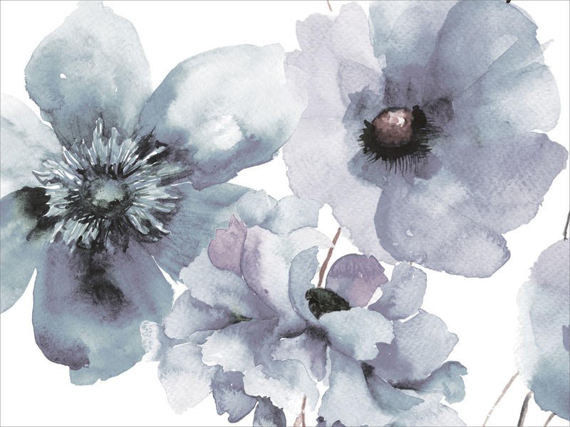 Victoria Brown, FLOWERING BLUE I (Blumen, Blüten, Blütenblätter, Botanik, Treppenhaus, Schlafzimmer, Wohnzimmer, Wunschgröße, Malerei, Aquarell, bunt)