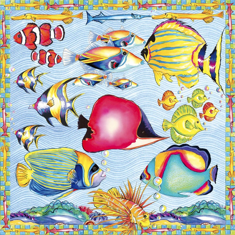 Anne Ormsby, BEACH FISH PATTERN (Fische, Korallenfische, exotisch, Luftblasen, naiv, Malerei, Wunschgröße, Wohnzimmer, Treppenhaus, Badezimmr, bunt)