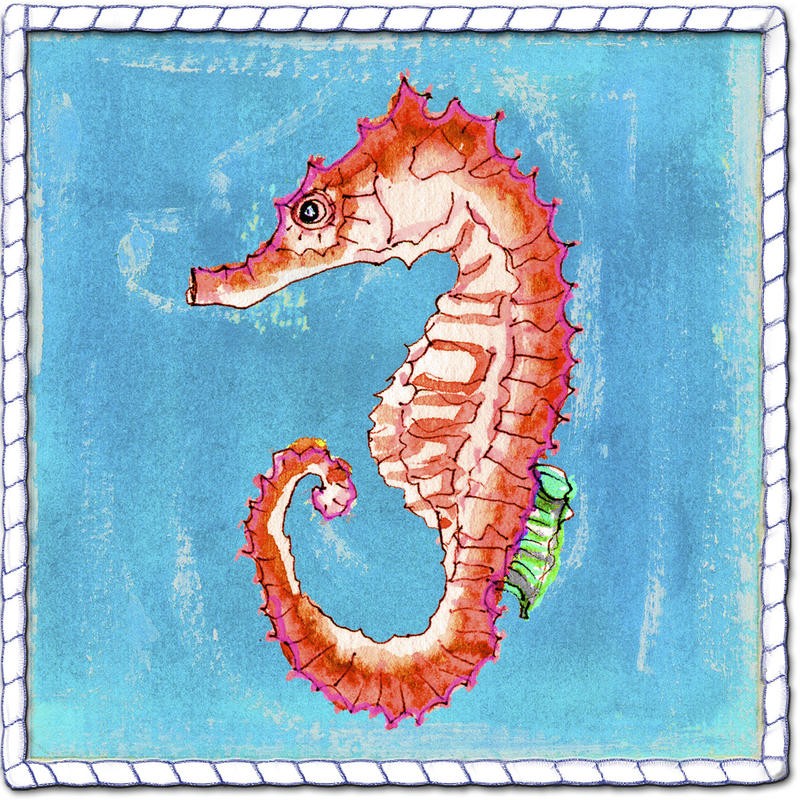 Anne Ormsby, BEACH FRONT SEAHORSE (Seepferdchen, maritim, Meeresbrise, Meerestiere,  Malerei,  Wunschgröße, Wohnzimmer, Treppenhaus, Badezimmer, bunt)