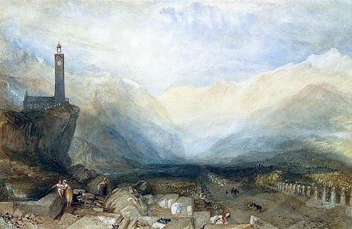 Joseph Mallord William Turner, The Splugen Pass. / Der Splügenpass. Um 1842-43 (Turner,Joseph Mallord William,1775-1851,Christie's Images Ltd,Aquarell und Bleistift,19. Jahrhundert,mit Auskratzungen,william turner,turner,landschaft,schweiz,italien,romantik,gebirge,berge,dunst,alpen)