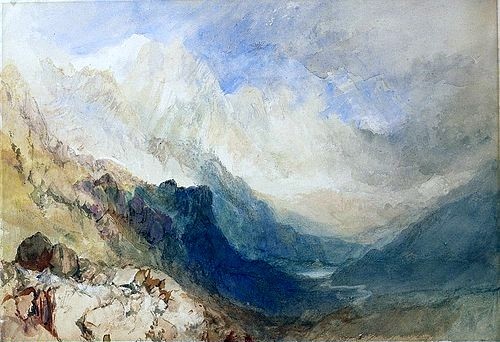 Joseph Mallord William Turner, Im Aostatal. (Aquarell,mit Auskratzungen,Landschaft,19. Jahrhundert,Turner,Joseph Mallord William,1775-1851,Christie's Images Ltd,william turner,turner,landschaft,Vallée d?Aoste, Valle d?Aosta,gebirge,alpen,tal,berge,felsen,karg,menschenleer,unbelebt)
