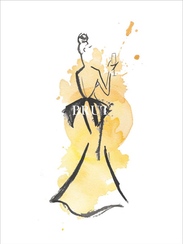 Alicia Zyburt, FASHION IN YELLOW I (Frau, Eleganz, Rückenansicht, Schleife, Party, Sektglas, Champagner, Mode, Aquarell, modern, skizziert, Wohnzimmer, Wunschgröße, gelb/schwarz)
