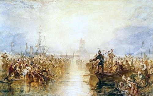 Joseph Mallord William Turner, Saint-Vaast-la-Hougue, Normandie. Um 1826 (Aquarell und Bleistift,mit Gummi arabicum,gehöht mit Deckfarbe,19. Jahrhundert,Turner,Joseph Mallord William,1775-1851,Christie's Images Ltd,turner,william turner,fischerboote,fischer,menschen,meer,sonnenlicht,sonnenschein,hafen)