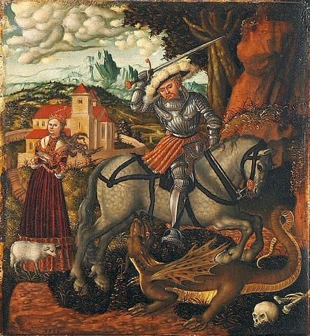 LUCAS CRANACH Der Ältere, Georg im Kampf. 1536. (Heiliger Georg, Drachentöter, Kampf, Retter, Jungfrau, Opfer, Klassiker, Renaissance, Wunschgröße, Wohnzimmer)