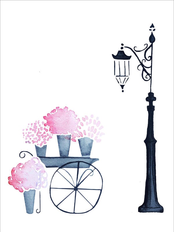 Alicia Zyburt, LAMPPOST II (Straße, Laterne, Blumenwagen, Nostalgie, Idylle, romantisch,  Aquarell, modern, Wohnzimmer, Treppenhaus, Esszimmer, Wohnzimmer, Wunschgröße, bunt)
