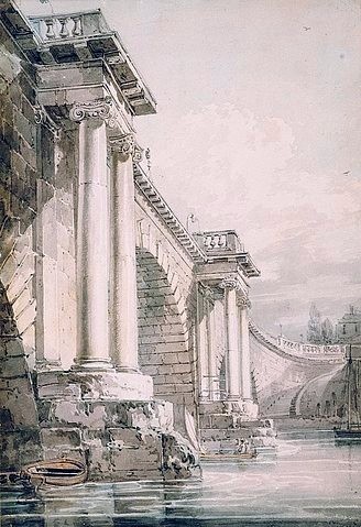 Joseph Mallord William Turner, Old Blackfriars Bridge, London. (19. Jahrhundert,Turner,Joseph Mallord William,1775-1851,Aquarell und Bleistift,Christie's Images Ltd,turner,william turner,brücke,fluß,architektur,london,england,großbritannien)