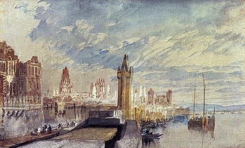 Joseph Mallord William Turner, Mainz am Rhein. (19. Jahrhundert,Aquarell und Bleistift,mit Auskratzungen,Turner,Joseph Mallord William,1775-1851,Christie's Images Ltd,william turner,turner,mainz,stadt,boot,himmel,deutschland,fluß,rhein,stadtansicht)