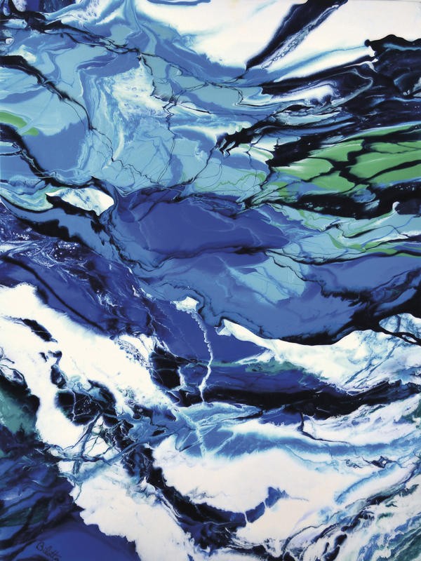 Barbara Bilotta, COASTAL CURRENTS I (Abstrakte Kunst, Struktur, Oberfläche, Meer, Küste, Wunschgröße, Treppenhaus, Wohnzimmer, Büro, Arztpraxis, modern, zeitgenössische Malerei, blau/grün/weiß)