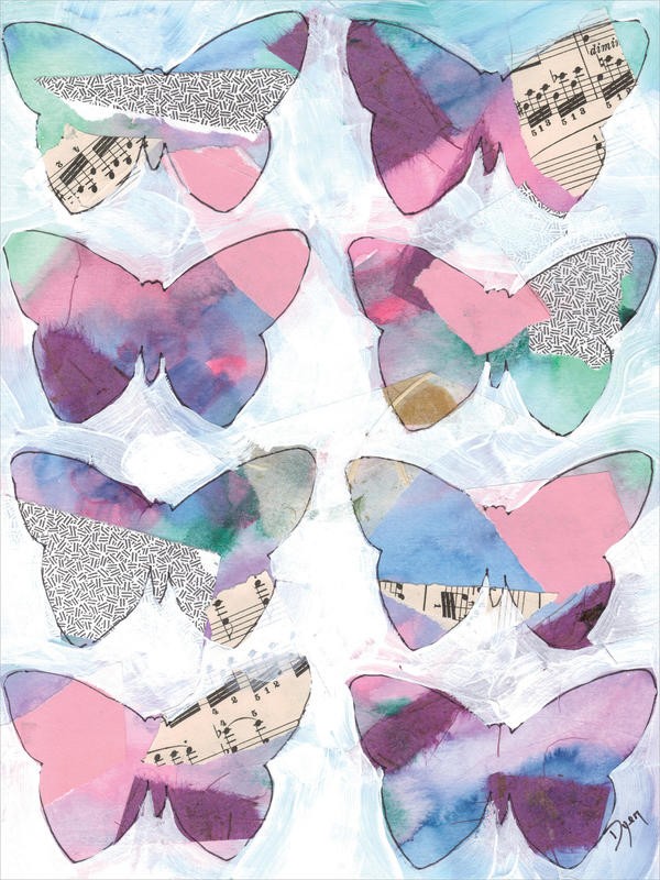 Beverly Dyer, BUTTERFLY WINDOWS I (Schmetterlinge, Collage, Aquarell, Schlafzimmer, Wohnzimmer, Treppenhaus, Malerei, Wunschgröße, pastell-rosa)