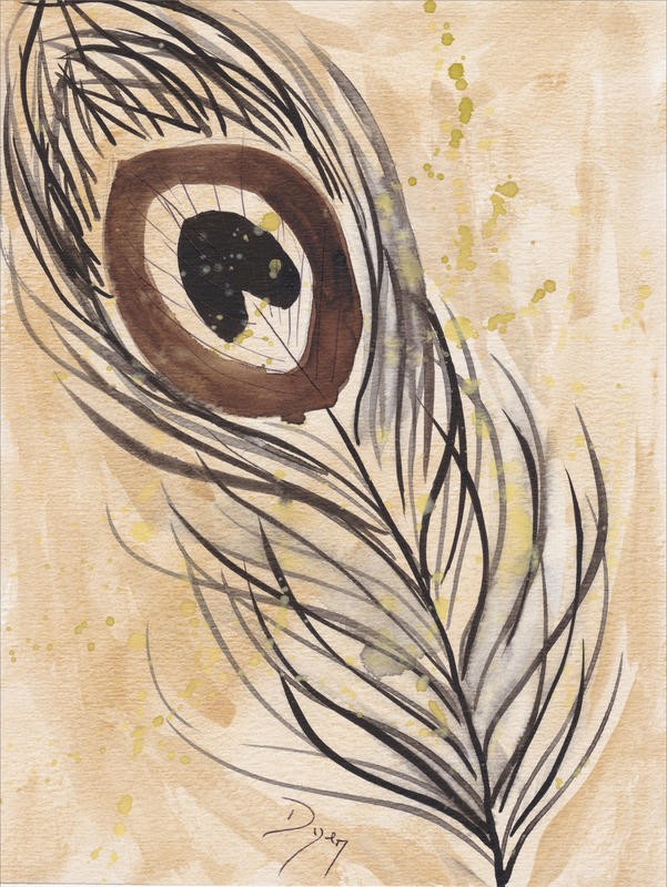 Beverly Dyer, PEACOCK FEATHER BROWN II (Feder, Vogelfeder, Pfauenfeder, Schlafzimmer, Wohnzimmer, Treppenhaus, Malerei, Wunschgröße, grau/braun)