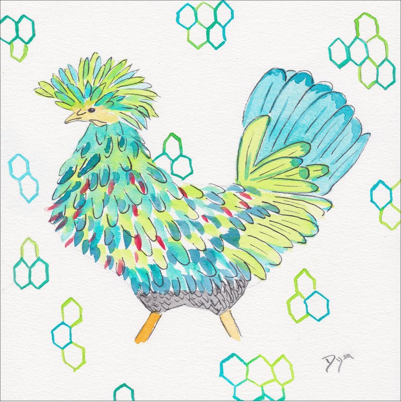 Beverly Dyer, FUNKY CHICKEN II (Huhn, modern, farbenfroh, Geflügel, Tiere, Farm, Bauernhof, zeitgenössisch, Wohnzimmer,  Esszimmer, Treppenhaus, Malerei, Wunschgröße, bunt)