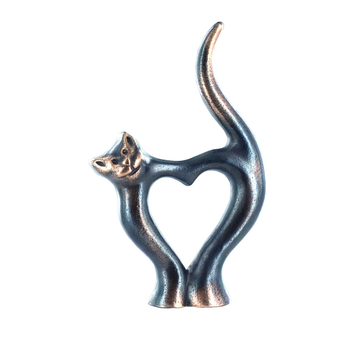 Bernardo Esposto, Katze, 7,5 x 11,5cm (Katze, Tier, Herz, Skulptur, Plastik, Bronze, Figur, filigran, Wohnzimmer, Büro, bronzefarben)