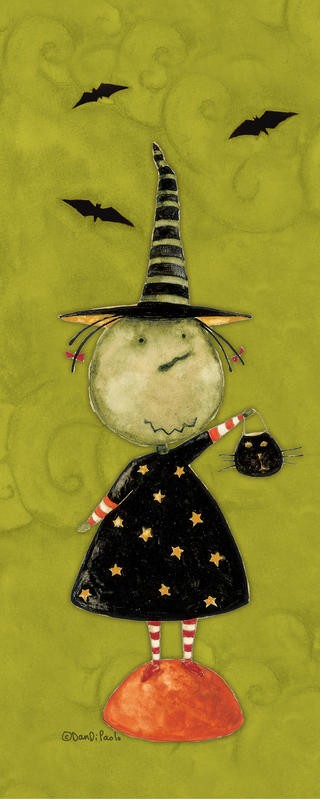 Dan DiPaolo, HALLOWEEN QUARTET I (Süßes oder Saures, Trick or treat, Hexe, Hexenhut, Fledermäuse, Gruseln, Halloween, lustig, Humor,  Typografie, naive Malerei, Wunschgröße, Treppenhaus, bunt)