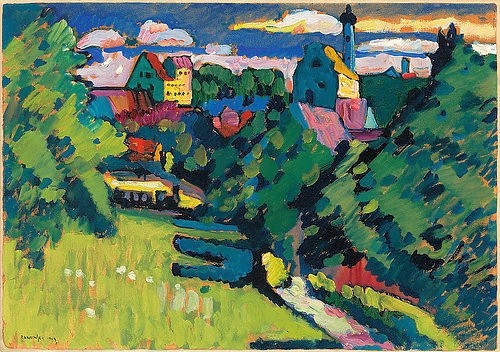 Wassily Kandinsky, Murnau - Ansicht mit Burg, Kirche und Eisenbahn. 1909 (Öl/Karton,20. Jahrhundert,Kandinsky,Wassily,1866-1944,Christie's Images Ltd,wassily kandinsky,kandinsky,gegenständlich,landschaft,murnau,stadt,kirche,bäume)