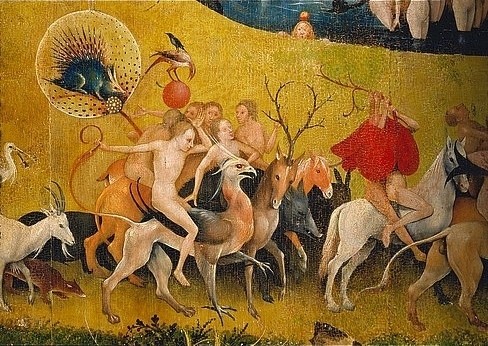 Hieronymus Bosch, Der Garten der Lüste. Detail der Mitteltafel. (Malerei, Klassiker, Renaissance, Garten der Lüste, Phantasie, Symbolik, Fabelwesen, Dämonen, Menschen, Garten, Wollust, Erotik, Detail, Wunschgröße, bunt)