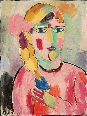 Alexej von Jawlensky, Mädchen mit blauen Augen und einem Zopf. Um 1916 (Öl,auf mit Leinen bezogenem Papier,aufgelegt auf Karton,20. Jahrhundert,Jawlensky,Alexej von,1864-1941,Christie's Images Ltd,jawlensky,alexej von,mädchen,frau,porträt,zopf,haar,lange haare,bunt,farbenfroh)