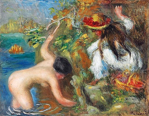 Pierre-Auguste Renoir, Badende (Baigneuses). 1897 (Badende Aktmalerei, Freizeit, Spaß, Vergnügen, Weiher, Sommer, Ufer, Impressionismus, klassische Moderne, Wunschgröße, Wohnzimmer, Malerei)