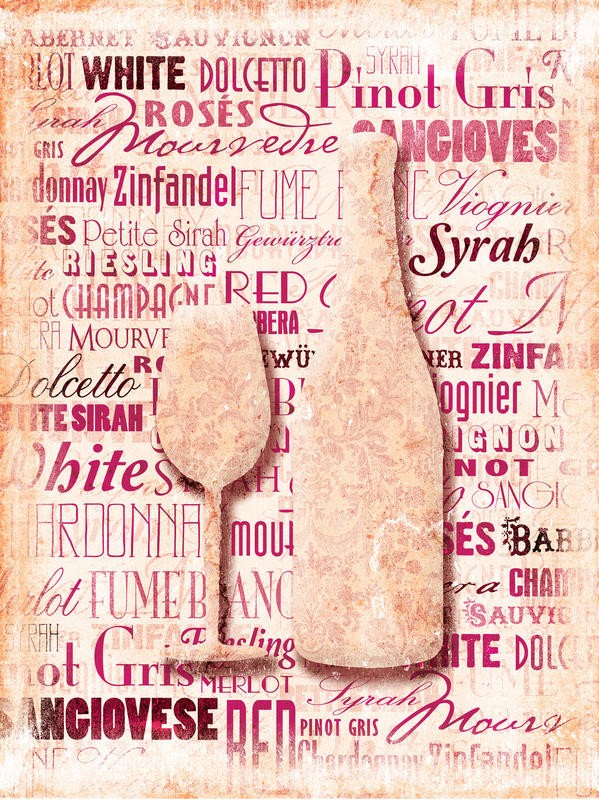 Jace Grey, BOTTLE AND GLASS I (Weinflasche, Weinglas, Weißwein, stilisiert, modern, Typografie, Buchstaben, Esszimmer, Küche, Wohnzimmer, Wunschgröße, weiß/rot)