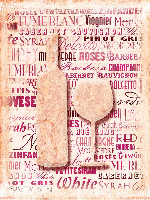 Jace Grey, BOTTLE AND GLASS II (Weinflasche, Weinglas, Rotwein, stilisiert, modern, Typografie, Buchstaben, Esszimmer, Küche, Wohnzimmer, Wunschgröße, weiß/rot)